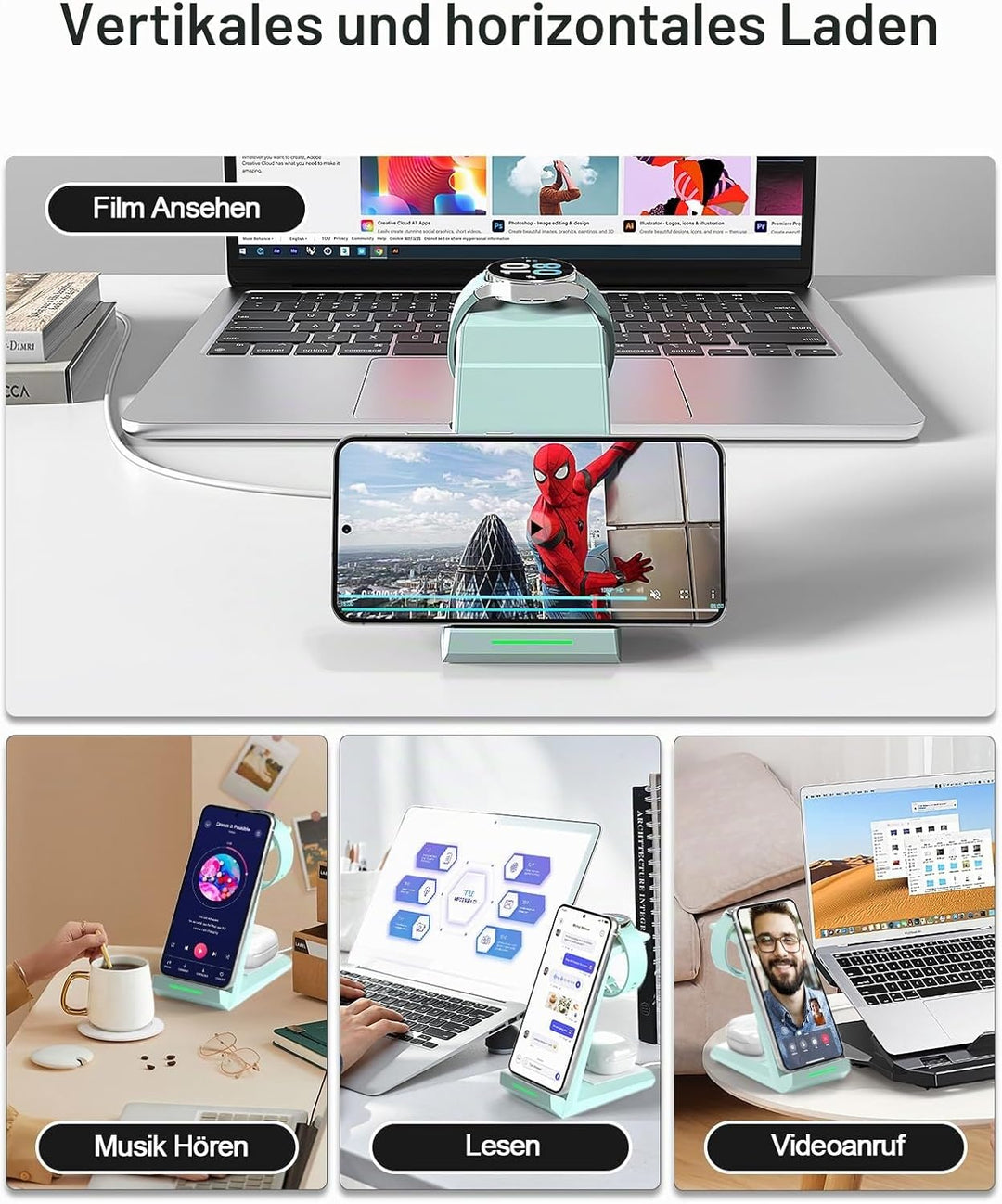 Induktive Ladestation für Samsung，ADADPU Kabelloses Ladegerät 3 in 1 Kompatibel für Galaxy Watch 8/7