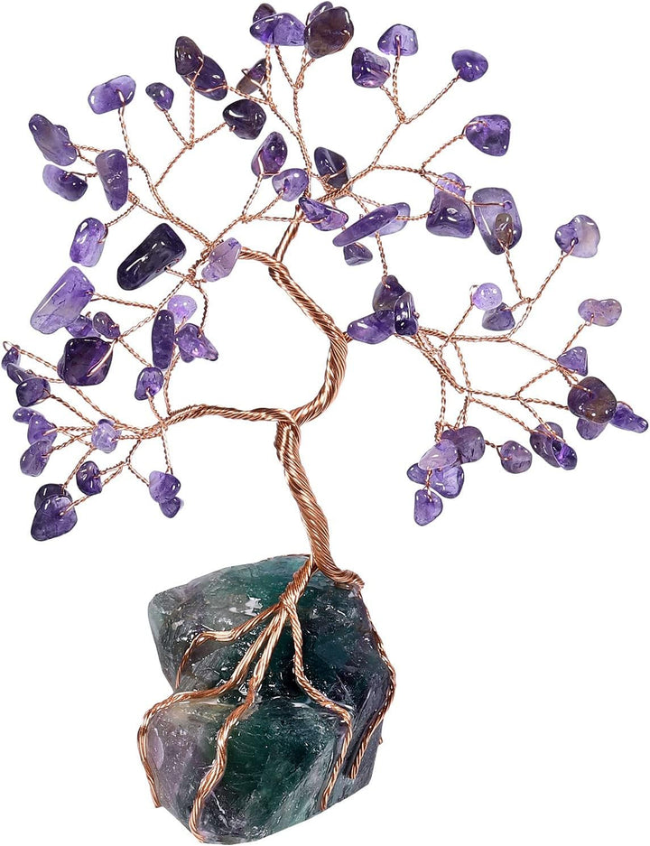 KYEYGWO Amethyst Heilung Kristall Geldbaum auf Natürlichen Fluorite Rohstein Base, Feng Shui Bonsai