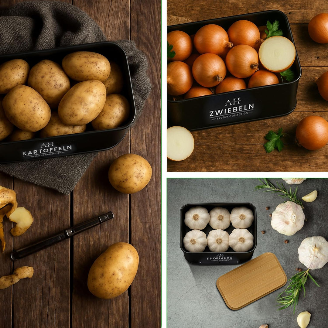 AH® Kartoffel Aufbewahrungsbox inkl. Gemüsebürste [4er Set]- zwiebeltopf, kartoffelbox - Geeignet fü