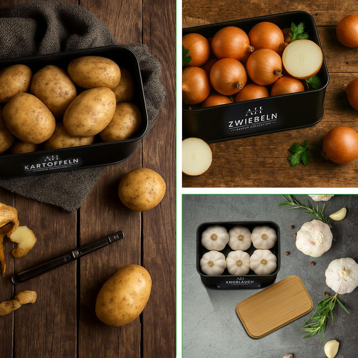 AH® Kartoffel Aufbewahrungsbox inkl. Gemüsebürste [4er Set]- zwiebeltopf, kartoffelbox - Geeignet fü