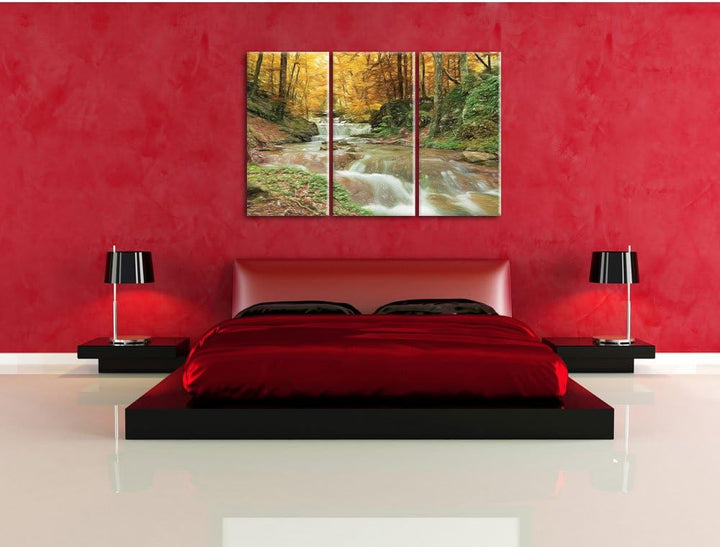 Pixxprint Waldbach im Herbst als Leinwandbild/Grösse: 3 Teilig (120x80) cm/Wandbild/Kunstdruck/ferti