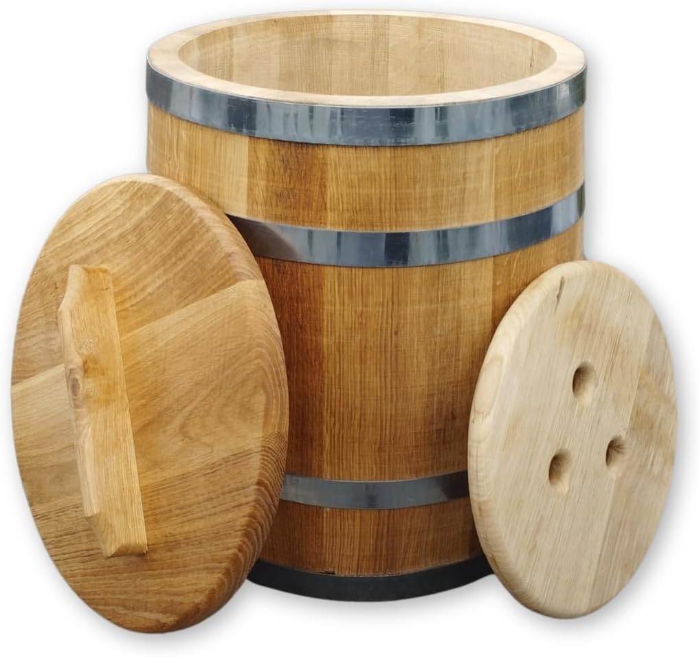 Sauerkrautfass 50L aus Eichenholz – Handgemachtes Gärfass mit Deckel & Gewicht – Holzfass zum Einleg