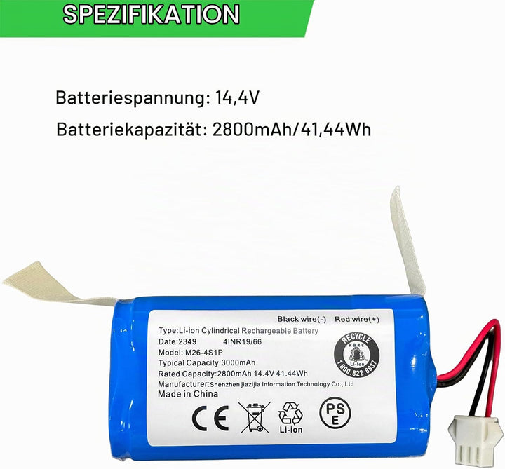 XITAIAN 14.4V 36Wh 2600mAh INR18650 M26-4S1P Ersatzakku für ECOVACS Roboter Staubsauger 2349 4INR19/