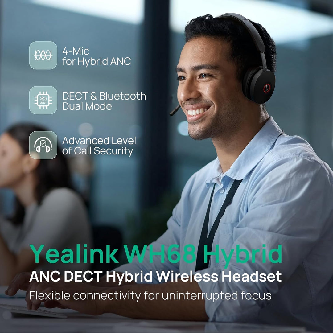 Yealink WH68 Hybrid ANC DECT & Bluetooth Kabelloses Headset mit Mikrofon, Büro-Headset mit DECT-Dong