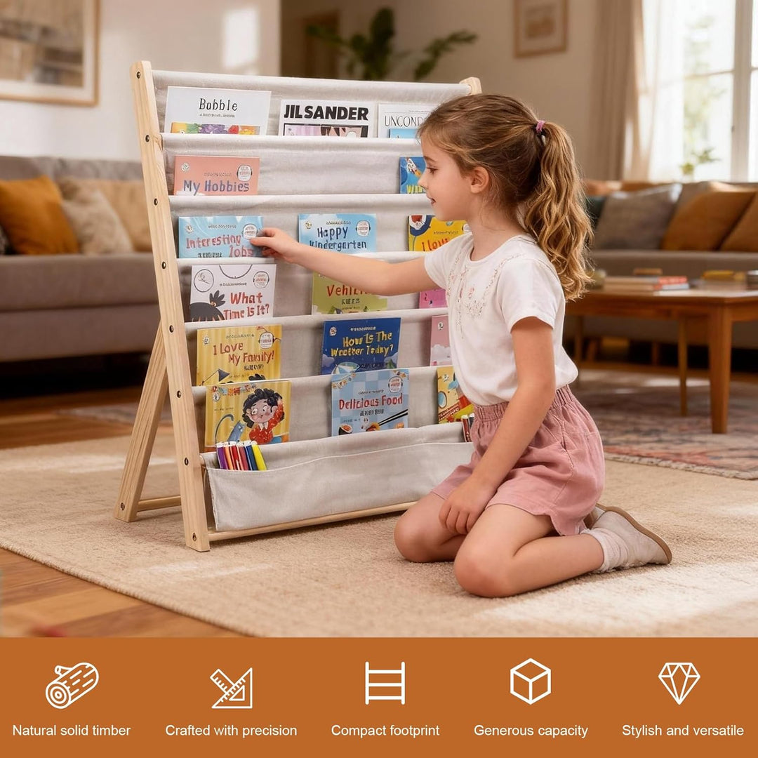 Bücherregal Kinder, 6 Ebenen Bücherregal Kinderzimmer, Aufbewahrung Kinderbücherregal mit Tasche, Bü
