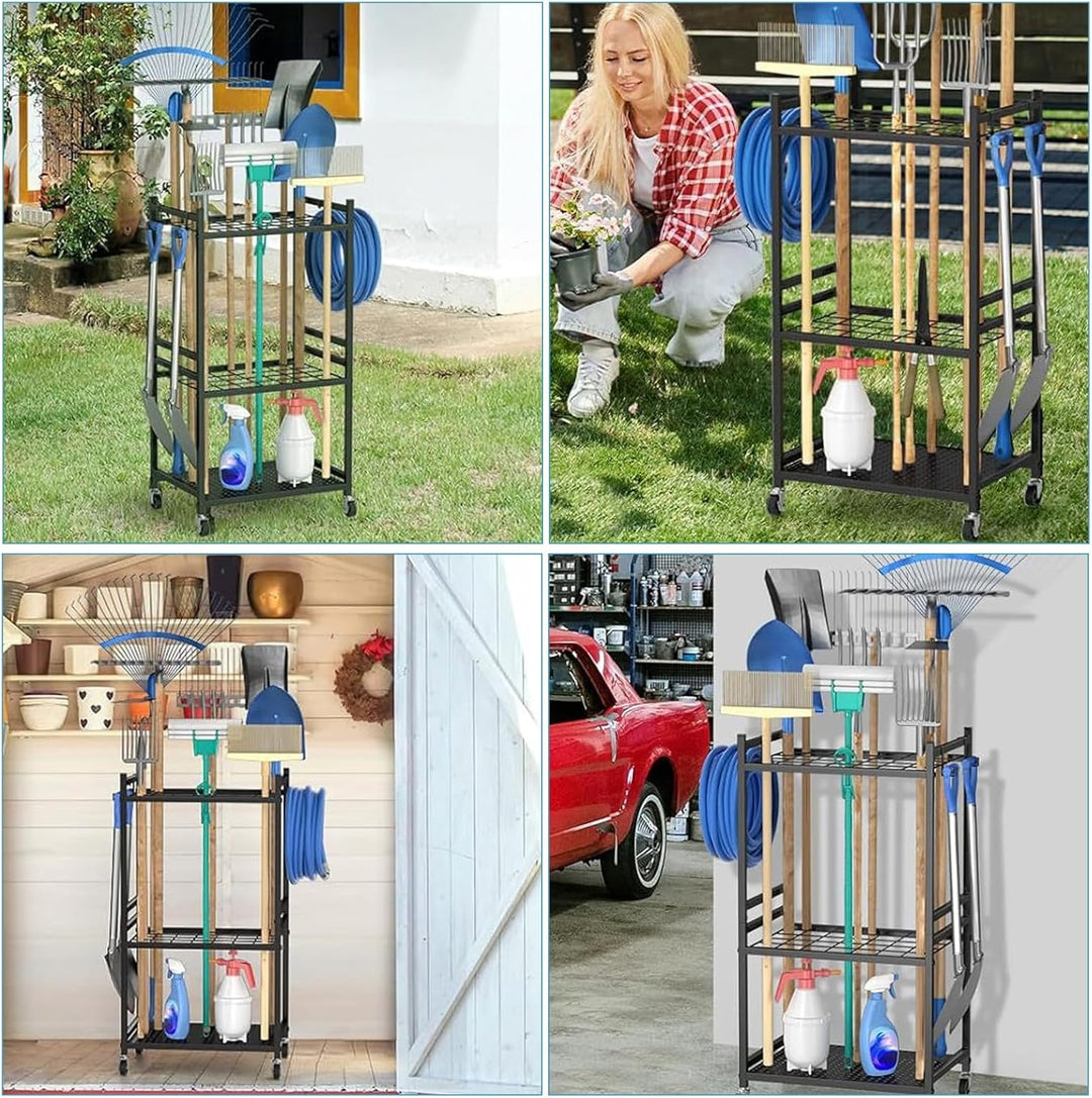 Gartenwerkzeug Organizer 3-stufig,Yard Tool Tower Rack,Garten Werkzeugregal mit 3 Beweglichen Haken