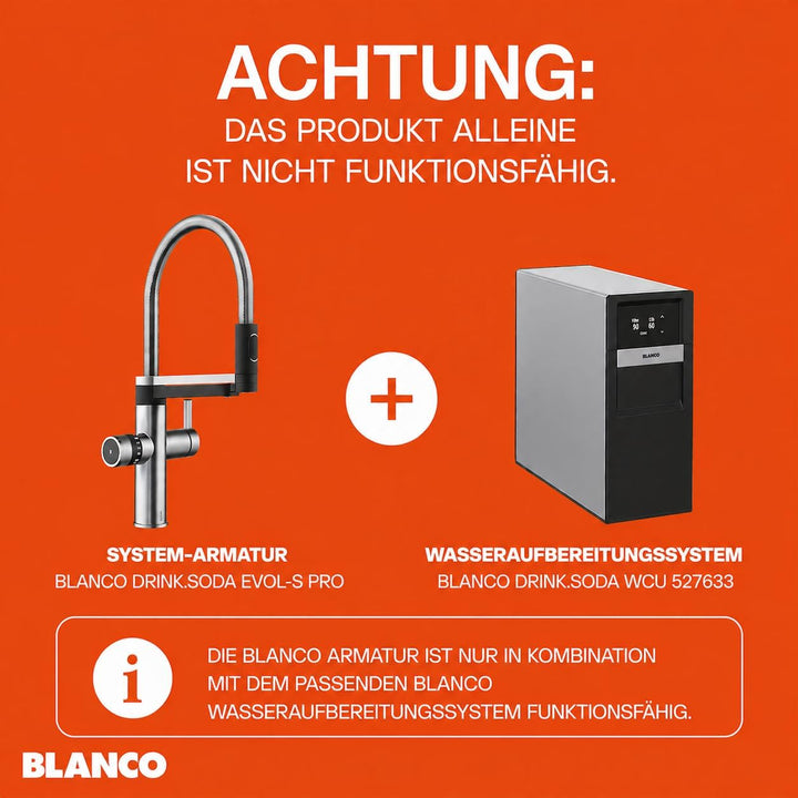 BLANCO drink.soda EVOL-S Pro | Soda Küchenarmatur aus massiv Edelstahl | Gekühltes Wasser in still,