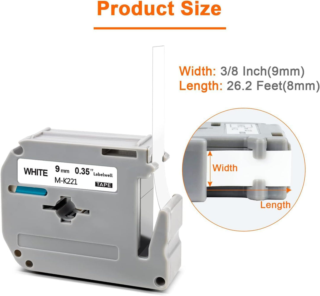 6x Labelwell kompatibel für Brother MK-221 9mm 3/8 White Ersatz für MK-221S MK221 MK221S Schriftband