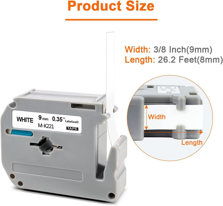 6x Labelwell kompatibel für Brother MK-221 9mm 3/8 White Ersatz für MK-221S MK221 MK221S Schriftband
