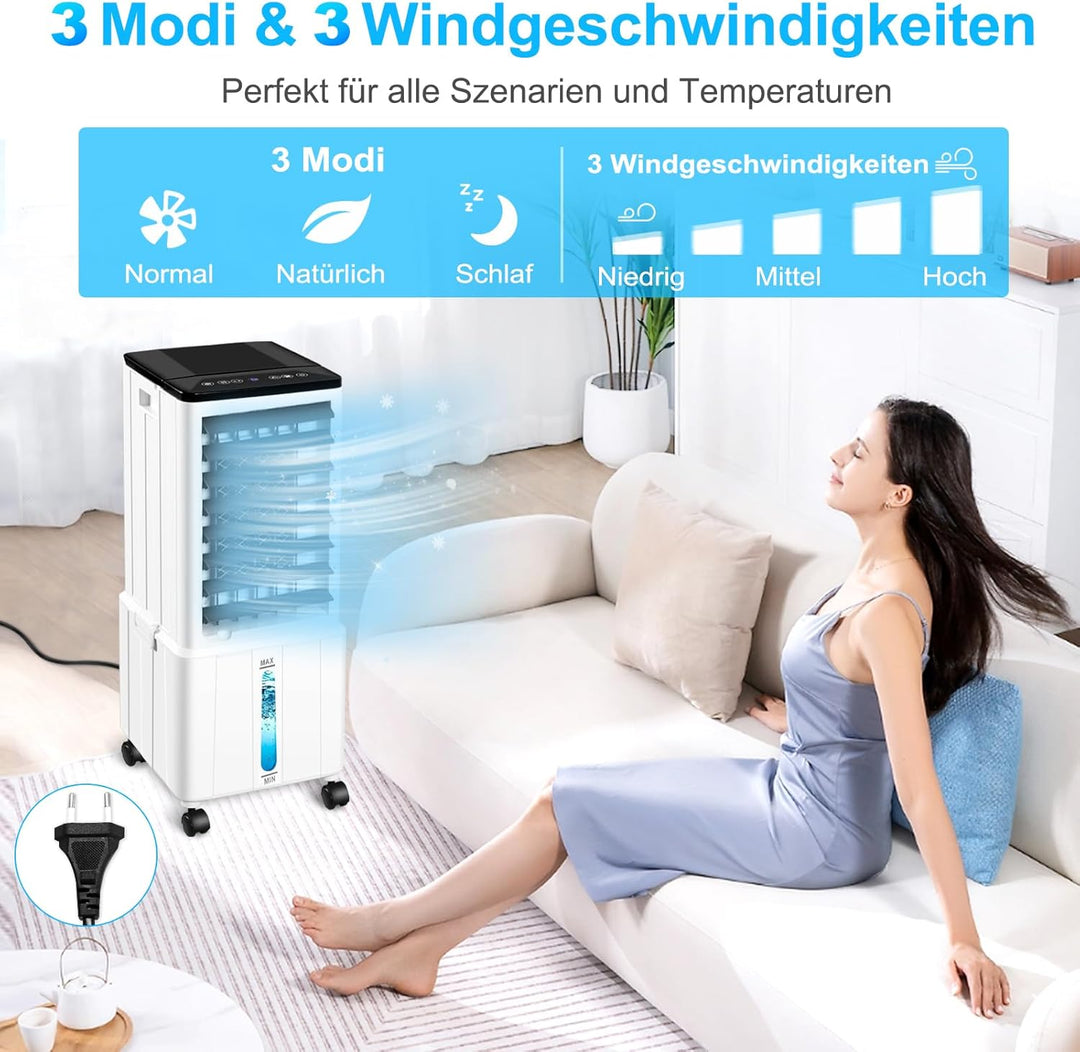 Klimagerät ohne Abluftschlauch, 14L 60W Klimaanlage Mobil mit 12H Timer, 3 Modus, 40dB, 120°Oszillat