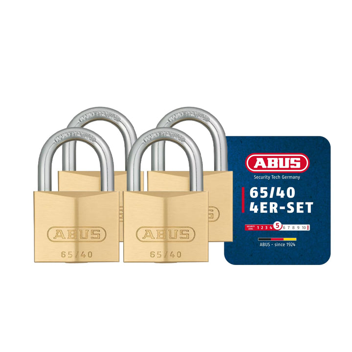 ABUS Vorhängeschloss Messing 65/40 - 4er Set, gleichschliessend - Kellerschloss, Spindschloss u. v.