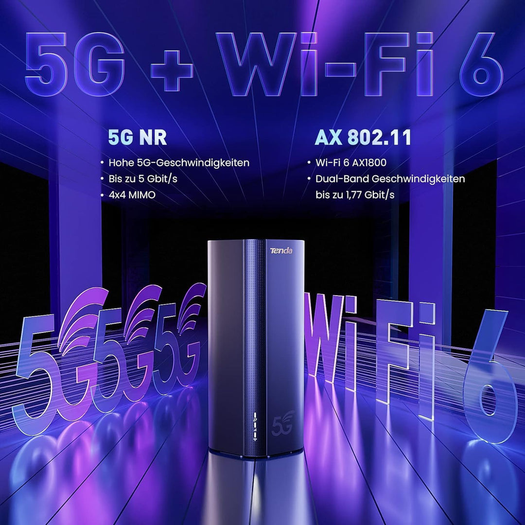 Tenda 5G03 5G NR LTE WLAN Router für Nano-SIM-Karte (AX1800 CAT19 2,4GHz: 574Mbit/s+5GHz: 1201Mbit/s