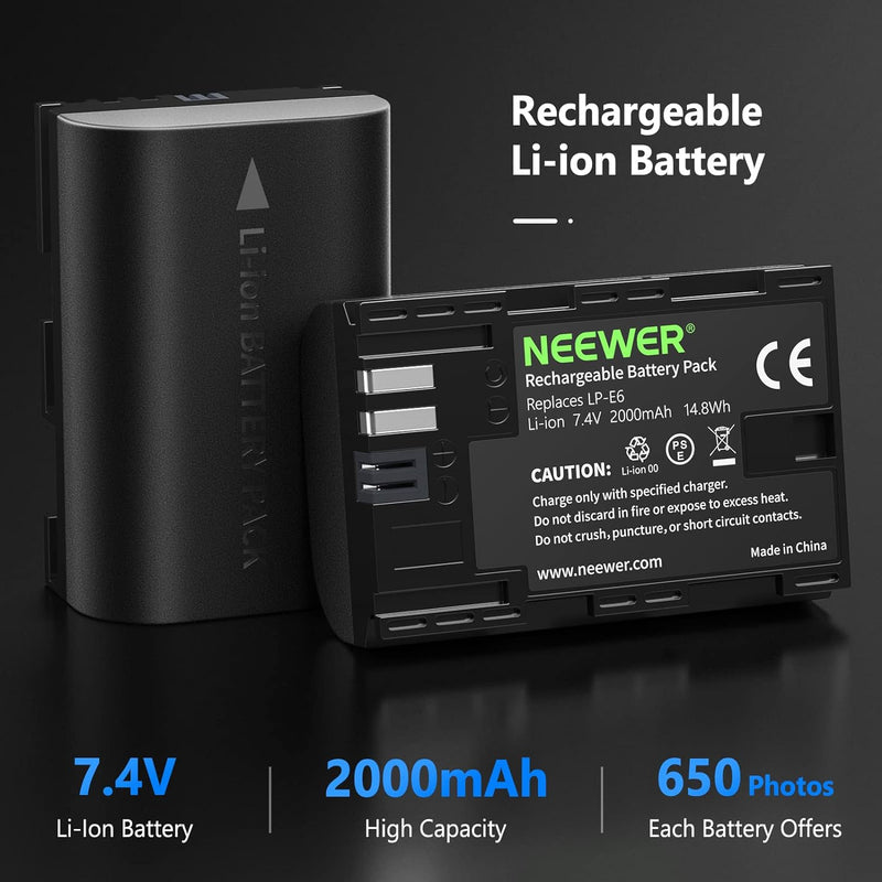 Neewer LP-E6 LP-E6N Kamera Ersatzakku für Canon, 2-Pack 2000mAh Batterie Ladegerät Set für EOS 7D Ma