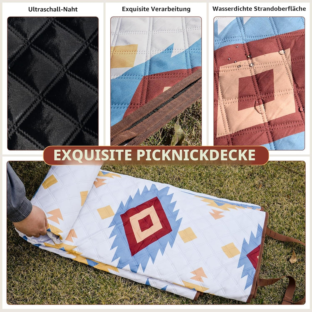 LARUTAN Extra grosse, wasserdichte Picknickdecke, 200 x 300 cm, faltbare Stranddecke mit Tragegriff,