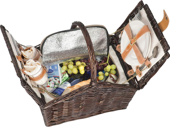 Picknickkorb aus Weidengeflecht für 2 Personen mit Porzellangeschirr, Kunststoffgläsern und Kühlfach