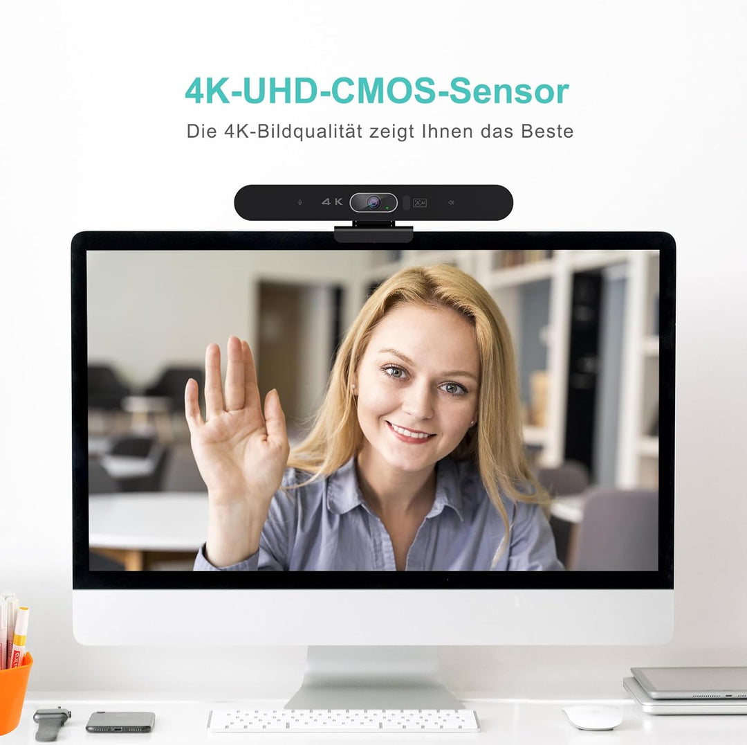 4K Videokonferenz-Webcam mit Mikrofon und Lautsprecher, AI-Powered Kamera für Videokonferenz mit Fer