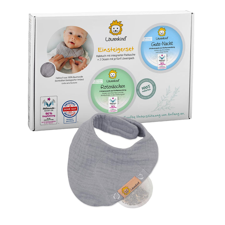 Löwenkind Einsteigerbox "Newborn" Grau mit Rotznäschen- und Gute-Nacht-Pads- Kräuterpads zur natürli