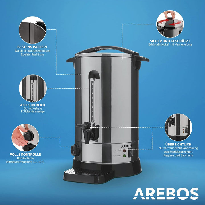 Arebos Glühweinkocher 1650 W | Heissgetränkespender | 20 L | mit Auffangschale, Auslasshahn, Thermos