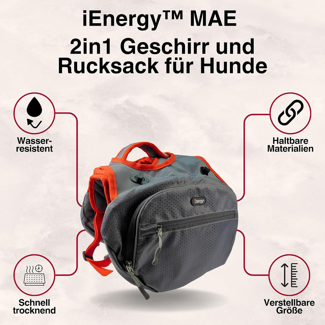 iEnergy™ MAE Hunderucksack - 2in1 Geschirr und Abnehmbarer Rucksack für Hunde - Wetterfest und inklu