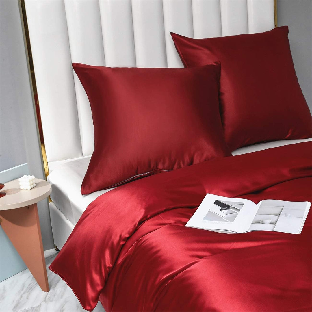Damier Bettwäsche 155x220cm Weinrot Rot Satin Bettwäsche Set 2 Teilig Satin Uni Deckenbezug 155×220