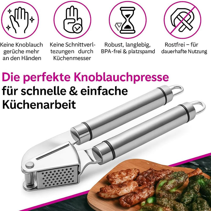 Manuelle Knoblauchpresse aus Edelstahl – Profi Küchenhelfer zum schnellen Schälen & Zerkleinern von