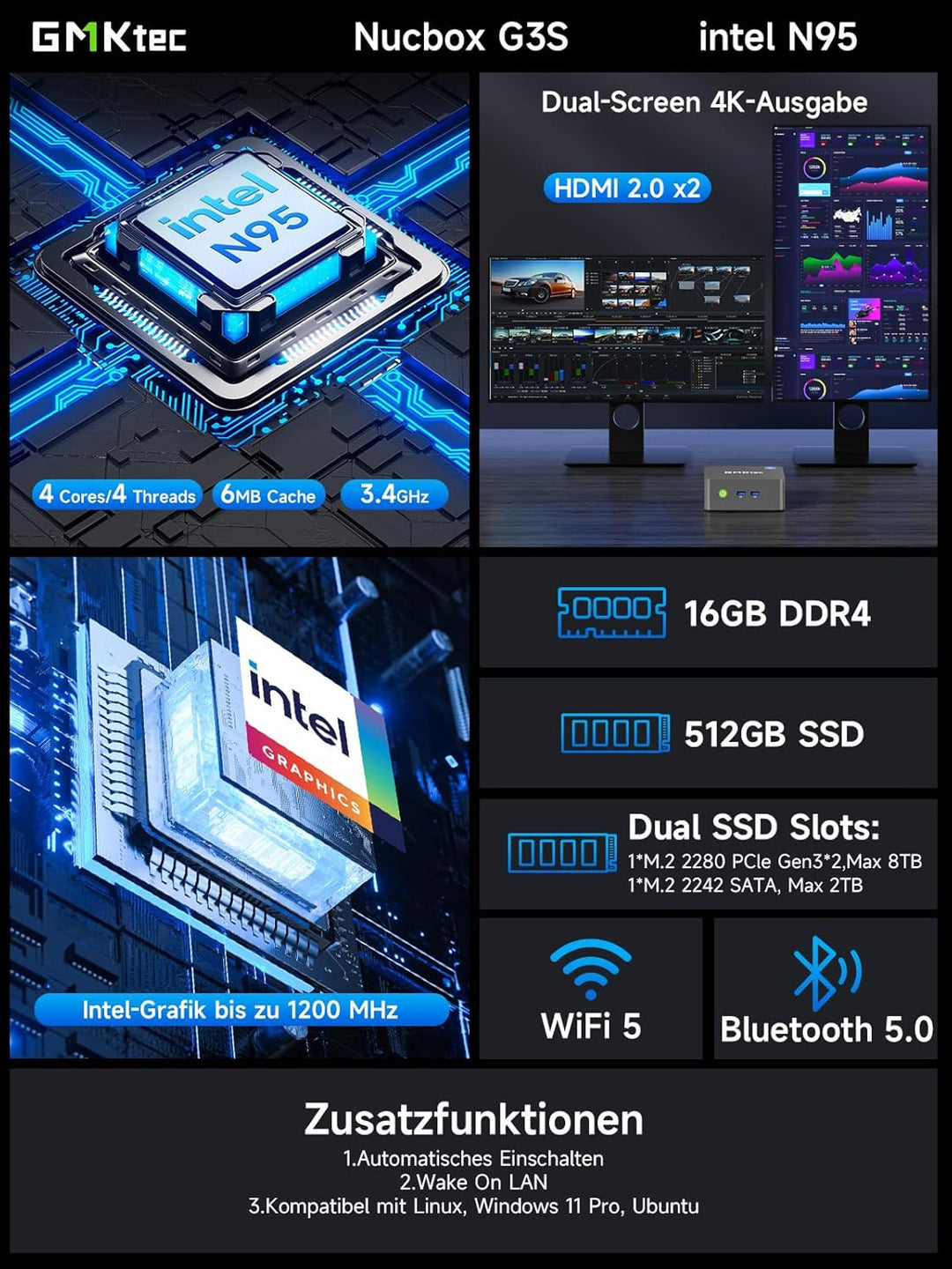 GMKtec Mini-PC Computer N95 (Turbo 3,4 GHz) 16 GB DDR4 512 GB SSD Desktop-Computer 4K Dual HDMI Disp
