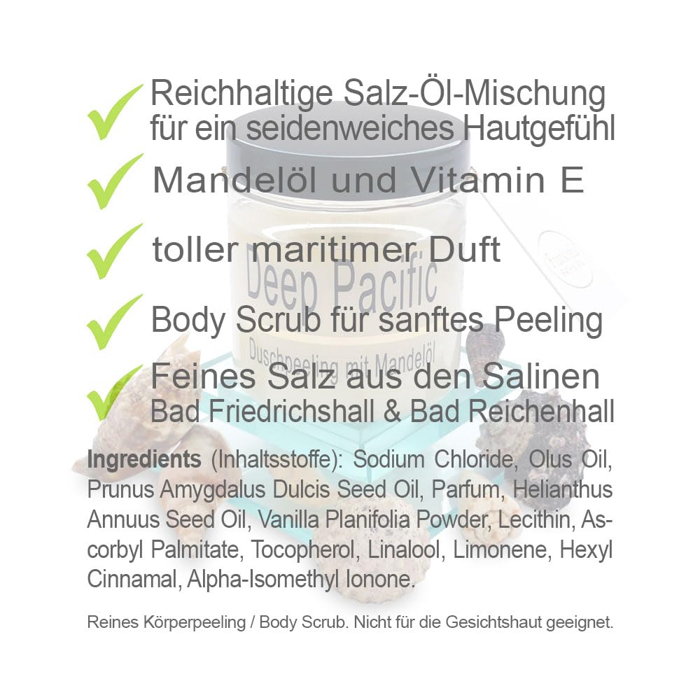 Körperpeeling 320g – vegan – Rich Body Scrub – Duschpeeling – feines Kristallsalz – viel Mandelöl –