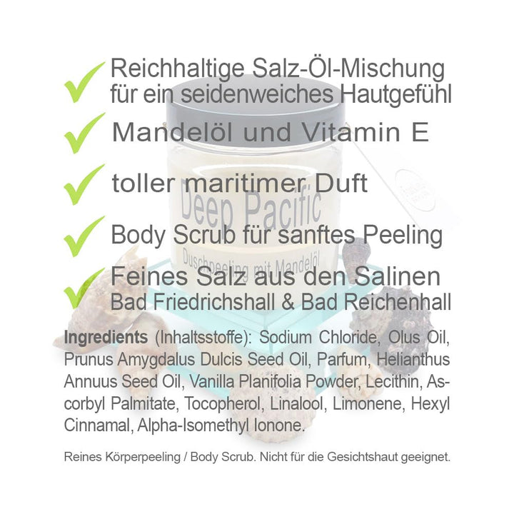 Körperpeeling 320g – vegan – Rich Body Scrub – Duschpeeling – feines Kristallsalz – viel Mandelöl –