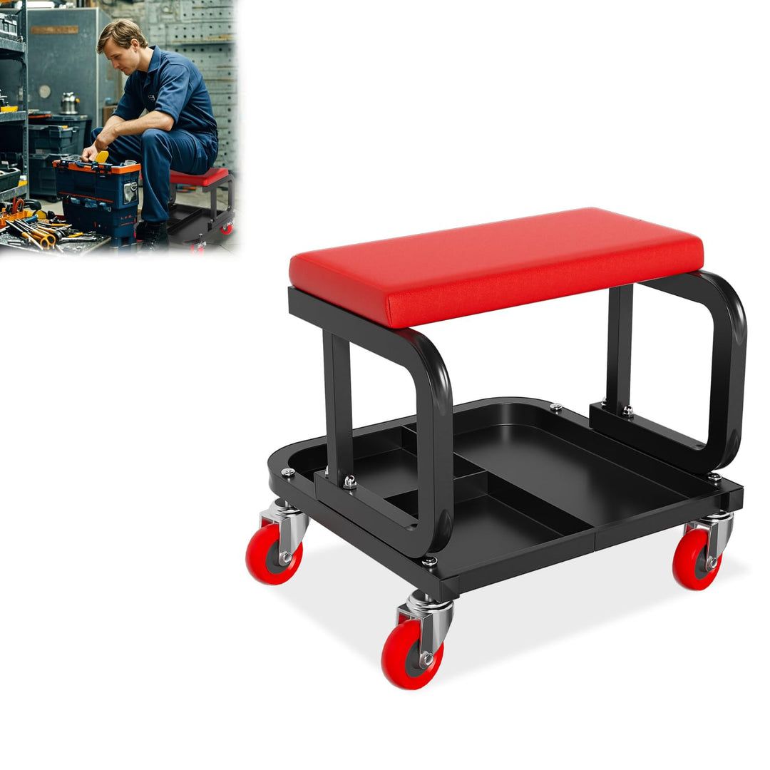 Aufun Werkstatthocker mit Rollen, Werkstatt Rollsitz 150kg belastbar, Arbeitshocker mit Ablage, 4 be