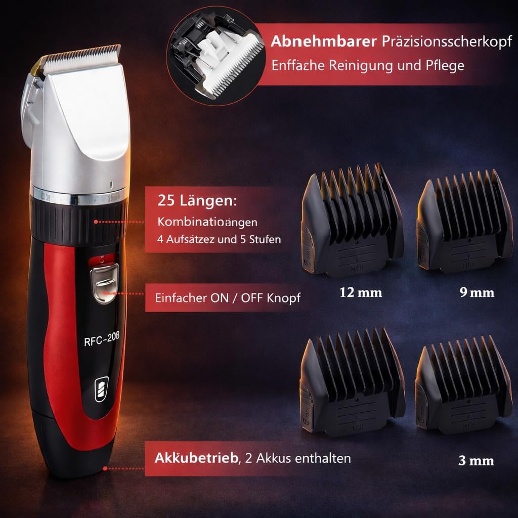 Ceramics RFC-208 elektrische Haarschneidemaschine mit Turbo-Sense-Technology und 4 Aufsätzen für 25