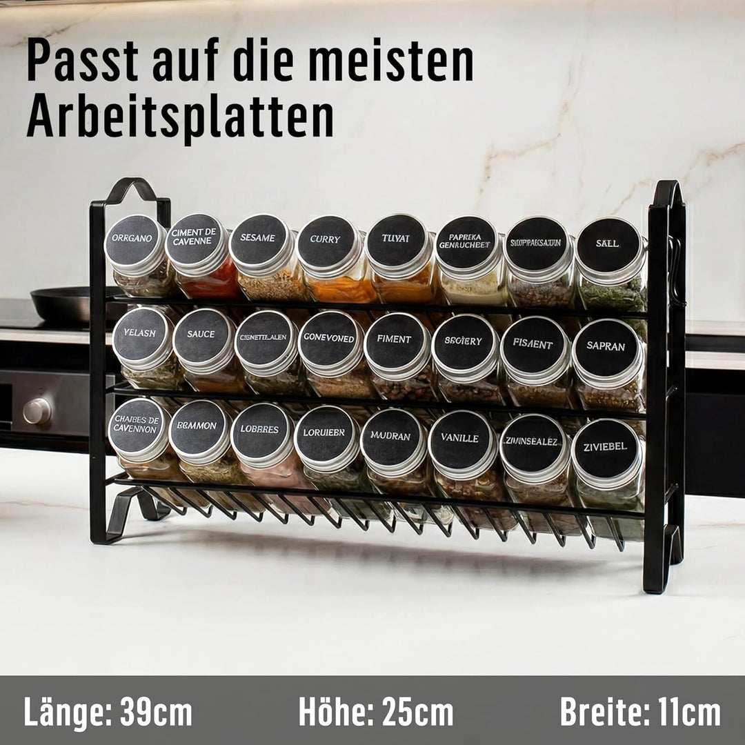 Deco haus Gewürzregal mit Gewürzgläser - 3 stufiges Metall Regal - Küchen Organizer Set, Gewürzständ