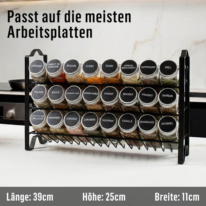 Deco haus Gewürzregal mit Gewürzgläser - 3 stufiges Metall Regal - Küchen Organizer Set, Gewürzständ