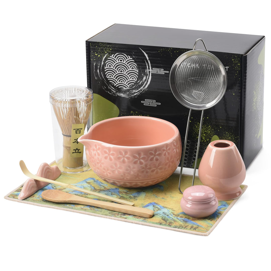 9‑in‑1 Matcha Set mit Matchaschale (560ml), Glas, Bambusbesen, Bambuslöffel, Sieb & Teematte – Japan