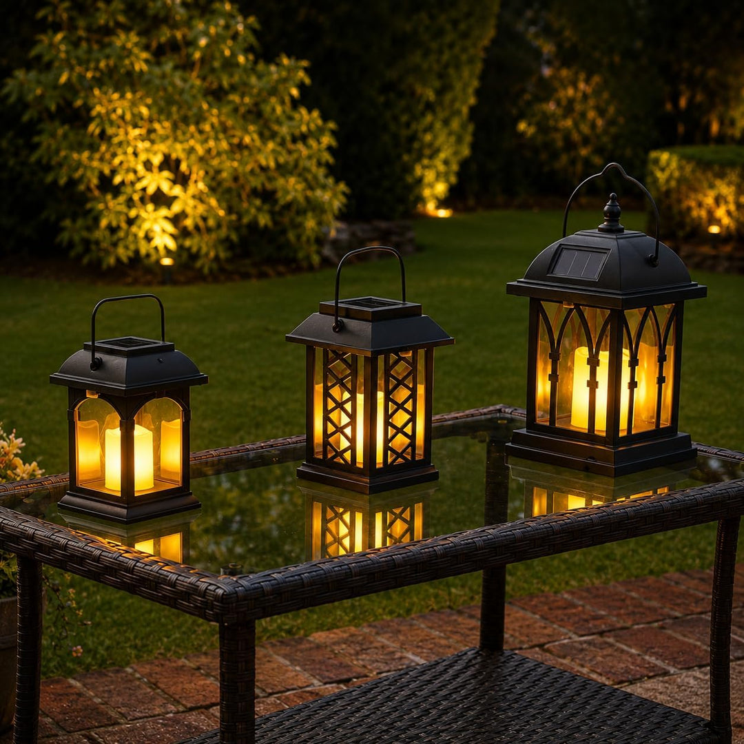 Festive Lights 3-er Set: Schwarze Solar Laternen mit LED Kerzen und täuschend echt wirkenden Flacker