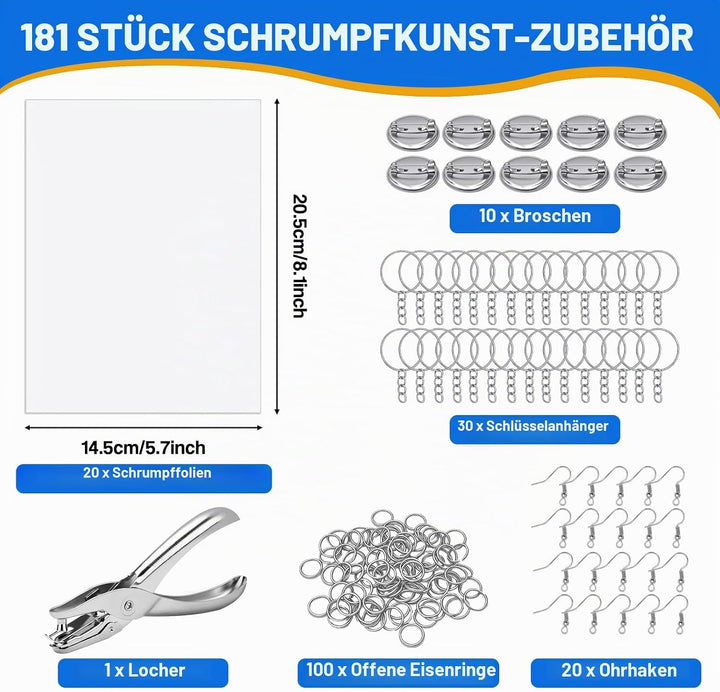 lompyeu 181 Stück Schrumpffolie Set,Schrumpffolie zum Basteln mit 20 Blank Schrumpffolie,Locher, Ohr