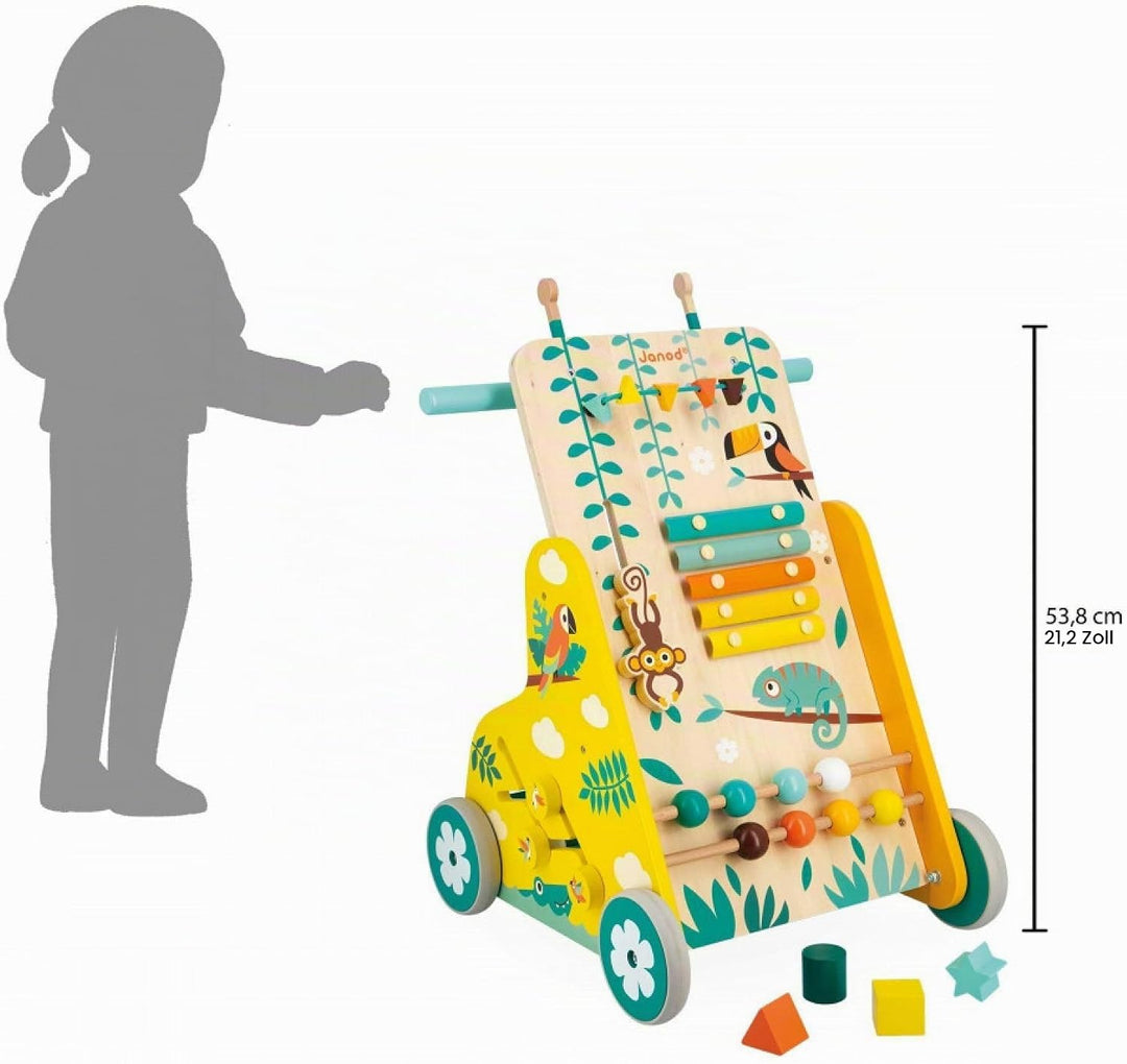 Janod - Multi-Aktivitätswagen Tropik - Laufwagen aus Holz - Lernspielzeug mit 6 Aktivitäten - Leise