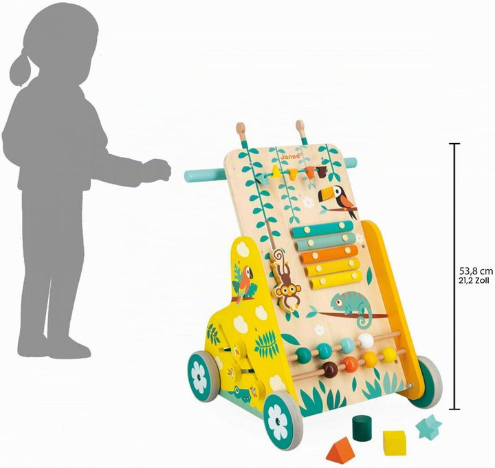 Janod - Multi-Aktivitätswagen Tropik - Laufwagen aus Holz - Lernspielzeug mit 6 Aktivitäten - Leise