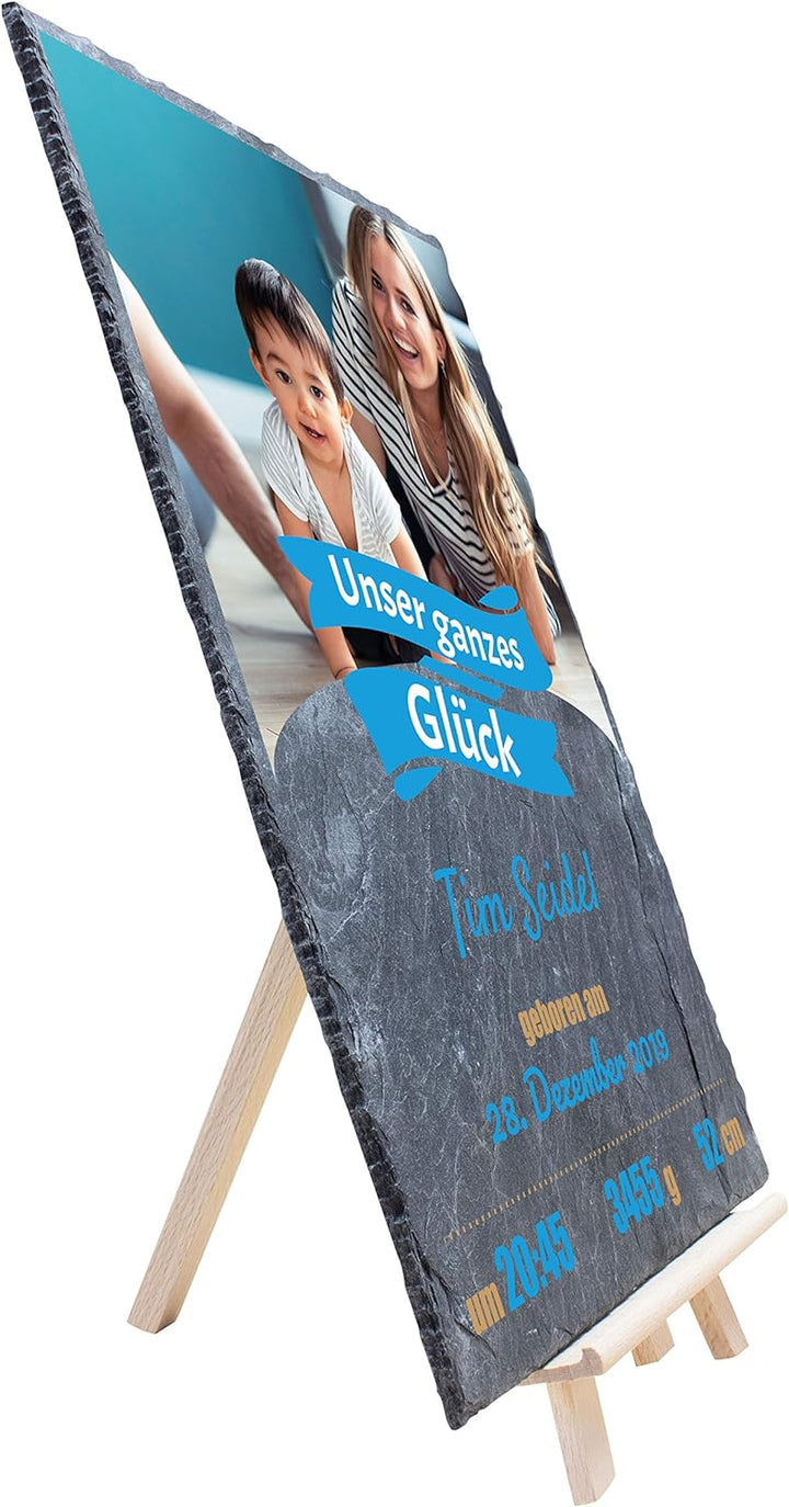 wandmotiv24 Schieferplatte mit eigenem Foto zur Geburt, 20 x 30 cm, inklusive Staffelei, Unser ganze
