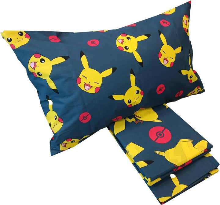 Pokemon Bettwäsche-Set für Einzelbett, Einzelbett, Bettwäsche, Spannbettlaken, Kissenbezug, 100% Bau