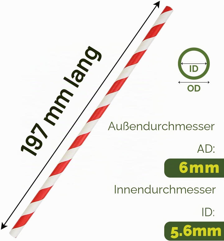 Einweg-Papiertrinkhalme Bulk 1000 Stück, Rot/Weiss gestreift, 19,7x0,6cm - Umweltfreundliche Strohha