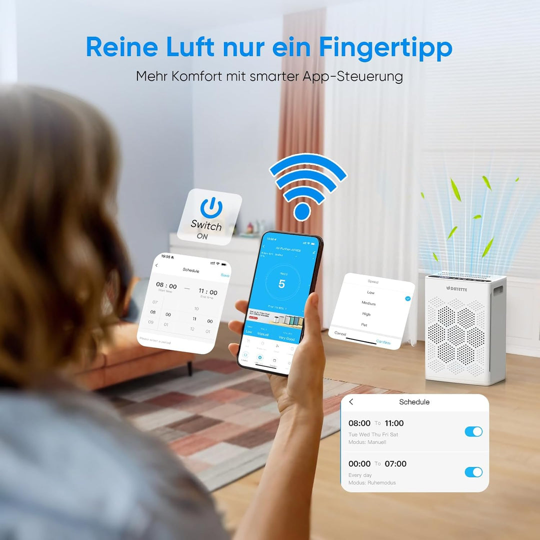 Luftreiniger Allergiker für Wohnung, HEPA H14 Filter mit waschbarem Vorfilter gegen Zigarettenrauch,