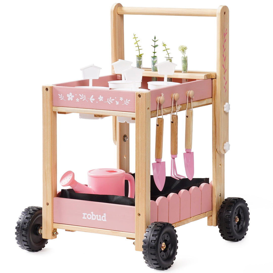 ROBUD Gartenwerkzeug Kinder mit Holzwagen, Gartenset mit Giesskanne, Schaufel, Handrechen, Pflanztöp