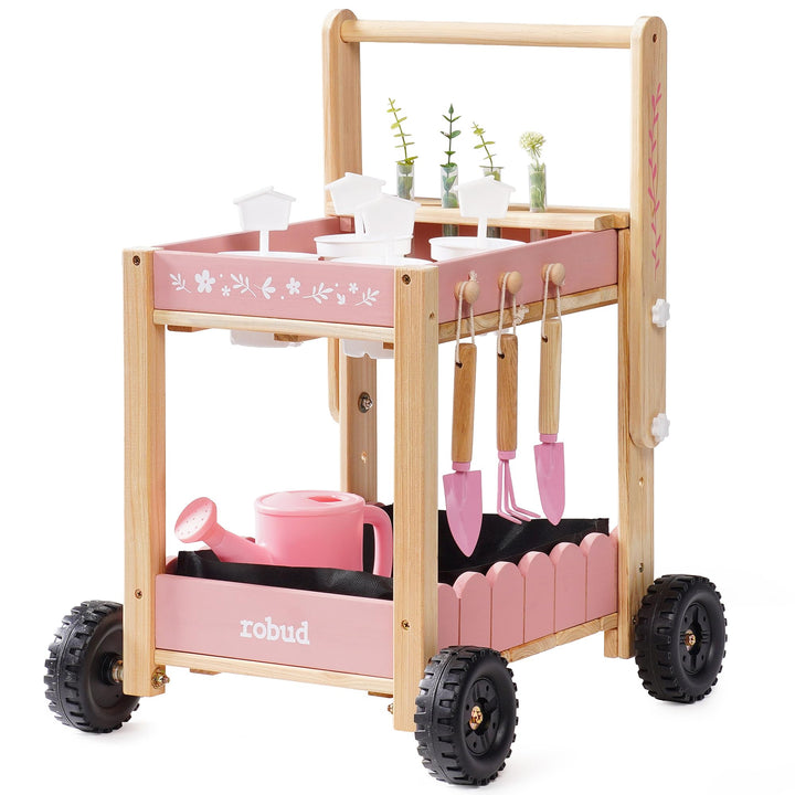 ROBUD Gartenwerkzeug Kinder mit Holzwagen, Gartenset mit Giesskanne, Schaufel, Handrechen, Pflanztöp