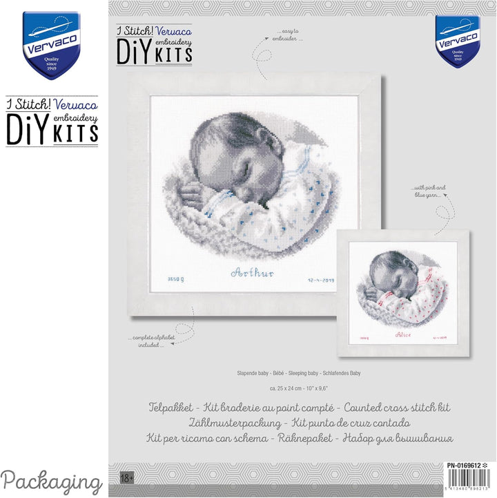Vervaco PN-0169612 Schlafendes Baby Stickpackung Zählmuster, Baumwolle, mehrfarbig, ca. 25 x 24 cm /