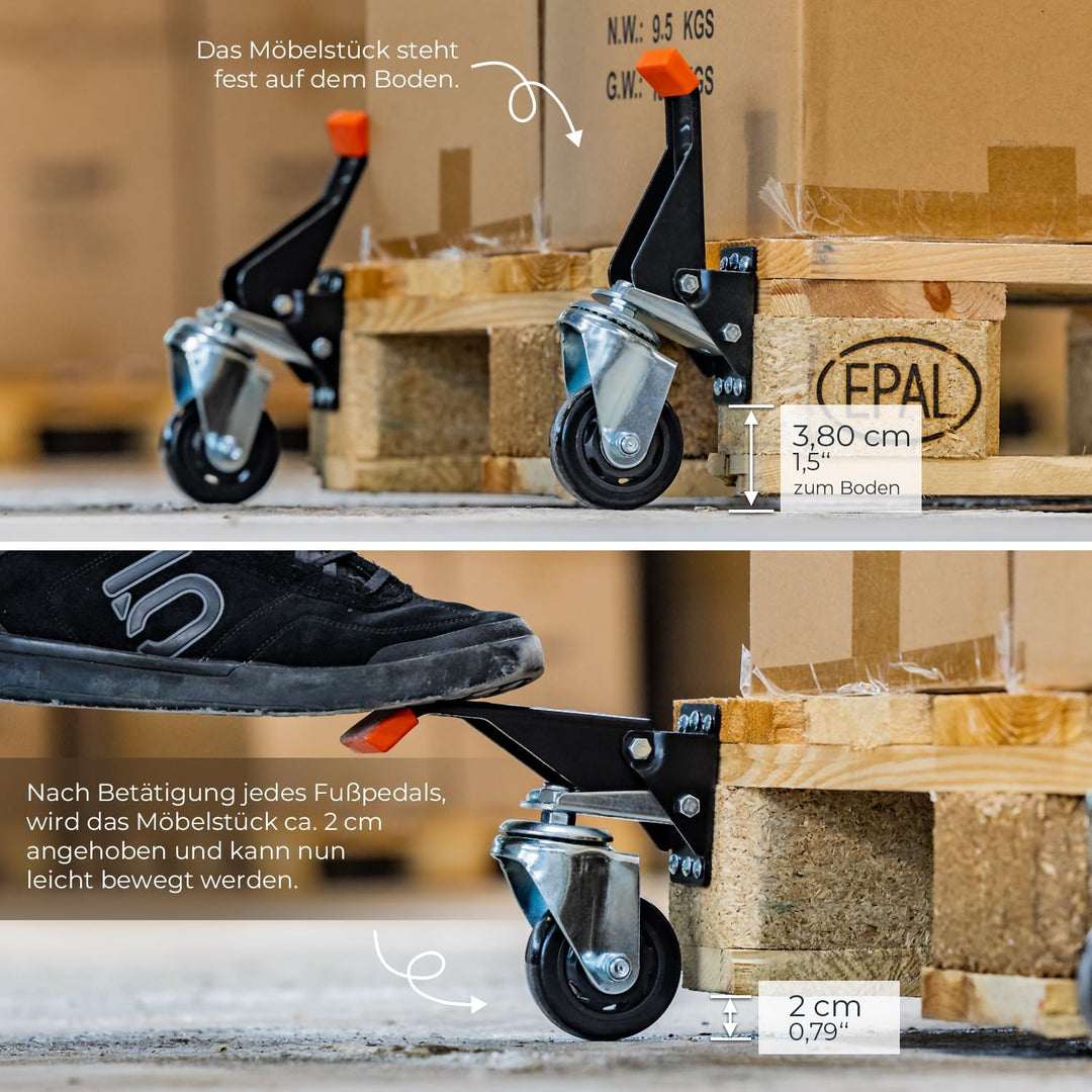 HMF 6750 Schwerlastrollen absenkbar für Werkbank | 4 Stück | 65 mm | bis 300 kg | Schwarz