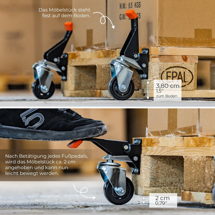 HMF 6750 Schwerlastrollen absenkbar für Werkbank | 4 Stück | 65 mm | bis 300 kg | Schwarz