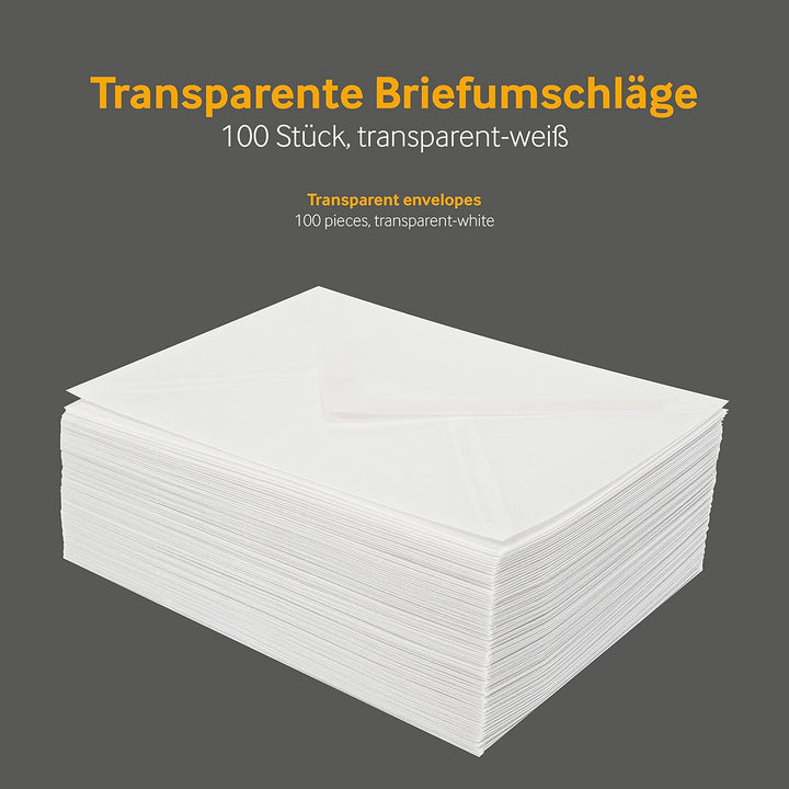 100 Stück, Transparente Briefumschläge, DIN C5, Nassklebung, Spitze Klappe, 90 g/qm Offset, Ohne Fen