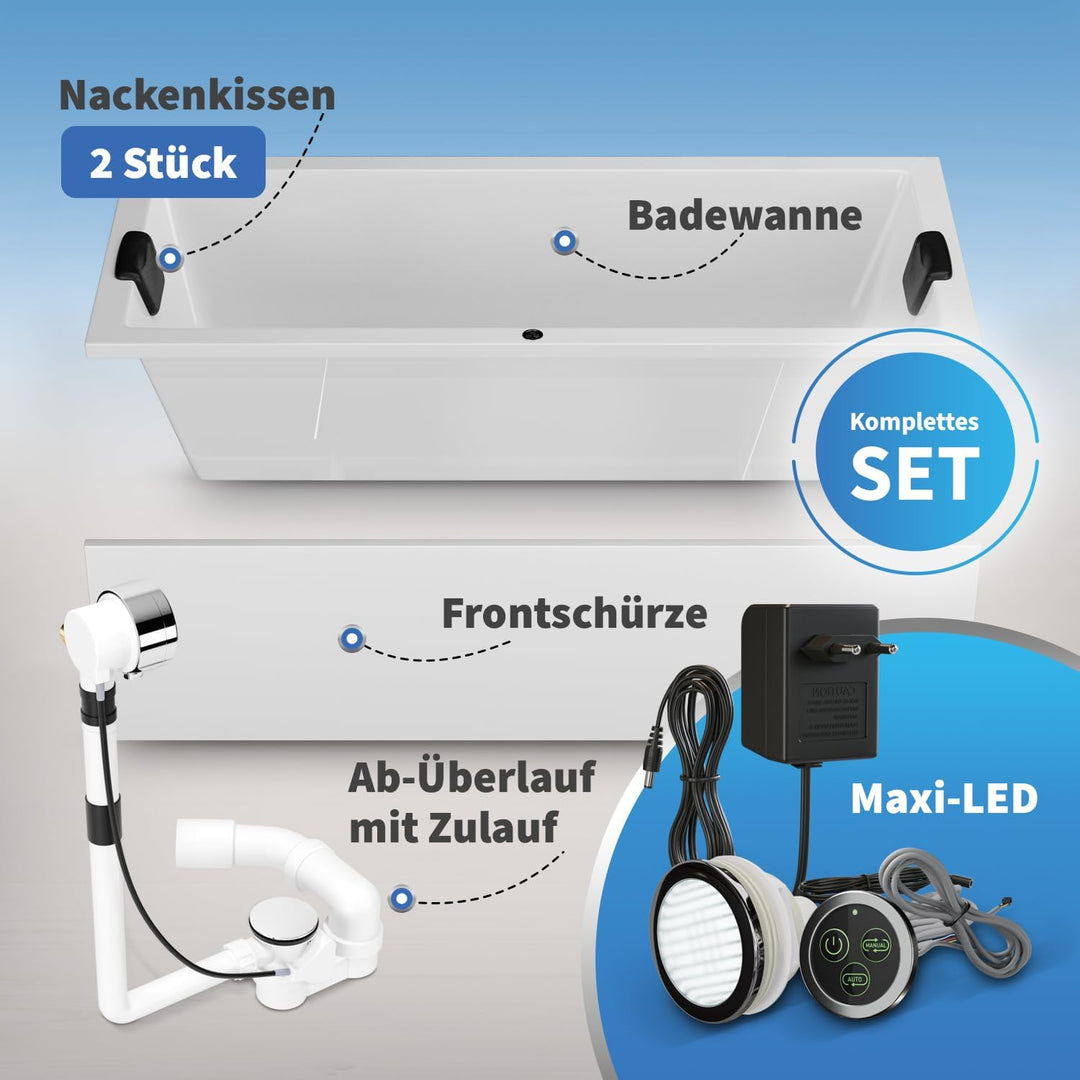 Aquade Acryl Badewanne 190x90 Modell: Ulm - Weiss Badewanne Komplettset 190x90 - Badewannen Mit Wann