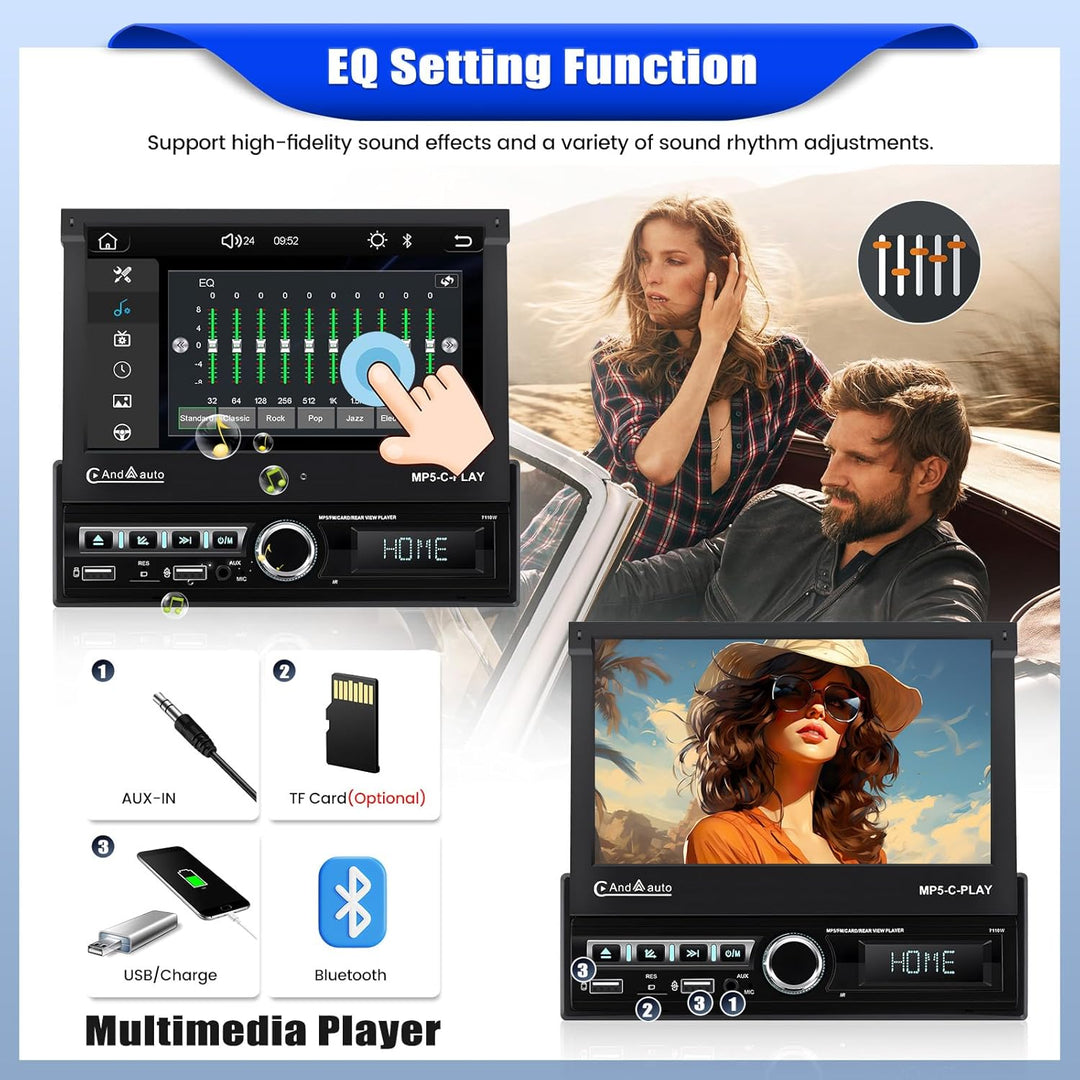 CAMECHO Autoradio 1 Din Navi mit Wireless Carplay & Android Auto, 7 Zoll Motorisch Ausfahrbarem Bild