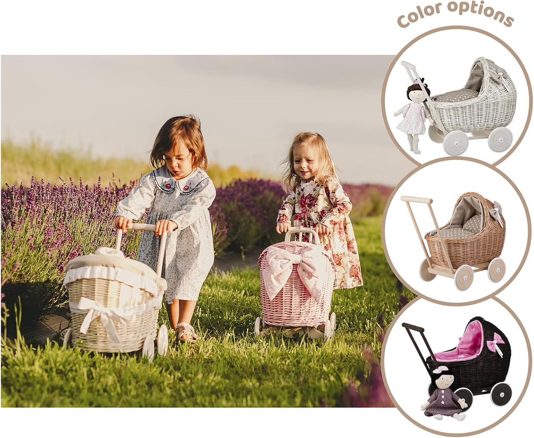 Puppenwagen aus Weide mit Bettwäsche - perfekte Geschenkidee - Korbpuppenwagen, schöner Spielzeug au